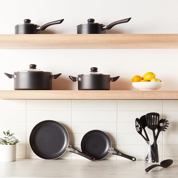 Amazon Basics Non-Stick Kitchen Cookware 15-Piece Set with Stay-Cool Handles, Even Heating, Non-Induction, Includes Pots, Pans, and Utensils, Black