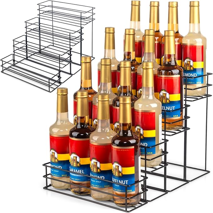 kimilus 16 Bottle Capacity Coffee Syrup Organizer 4 Tier Coffee Syrup Stand Shelf for Coffee Bar Accessories for Coffee Bar Kitchen Small Wine Rack for Bar Family Storage for Syrup Wine Dressing