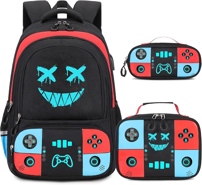 Backpack for School Boys, Cool Luminous Gamer Boys Schoolbag | with Lunch Box & Pencil Case Set for Kids Teens Elementary Middle School, Bookbag Glow In The Dark
