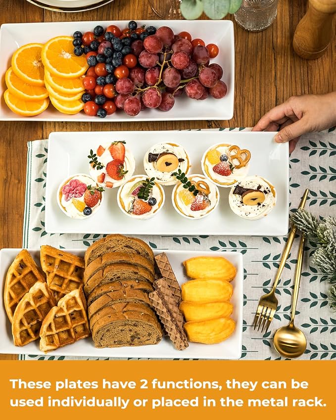 LAUCHUH Large 3 Tier Serving Stand Porcelain Tiered Serving Trays for Party | 14 Inch Serving Trays & Platters with Collapsible Sturdier Rack Dessert Party Display Set for Fruit Cupcake Snack Salad, Gold