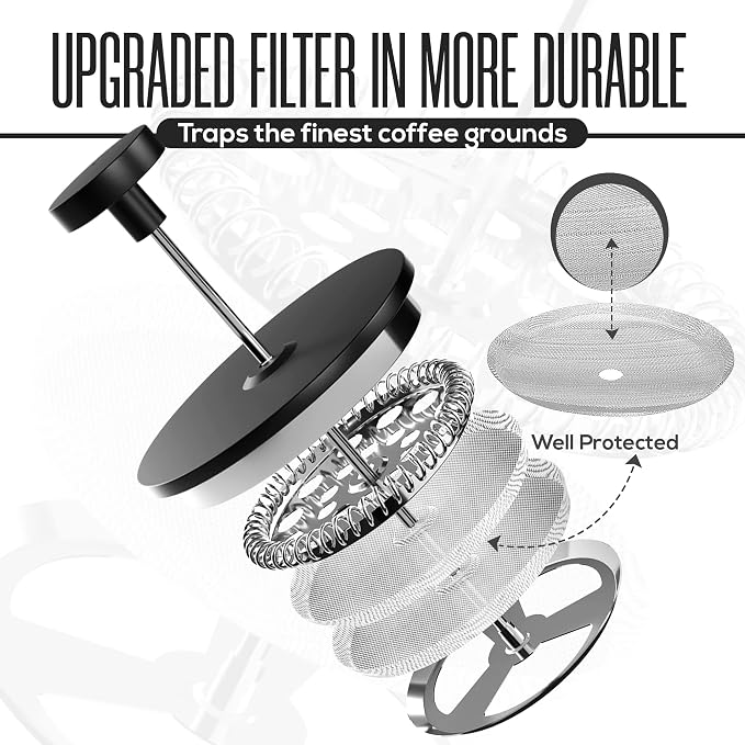 Utopia Kitchen 304 Grade Stainless Steel French Press 12 Oz, Black | Double Wall Insulated Coffee Press with 4-Level Filtration System, Include 2 Extra Filters, Rust-Free, Dishwasher Safe