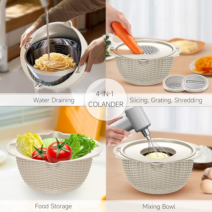4-1 Colander with Bowl & Spoons Set - Rotatable Colander for kitchen with New Upgraded Graters, Food Strainer(Patented) for Pasta, Fruits, Vegetables, Funny Presents for Women, Beige