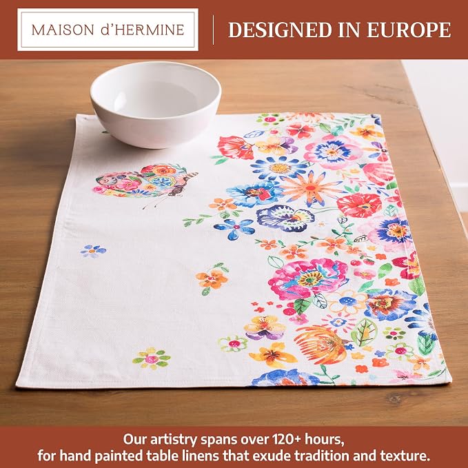 Maison d' Hermine Placemats Set of 4 Reusable 100% Cotton (13"x19") | Cloth Place Mats Washable Table Mats for Kitchen Dining Party Home Restaurant Spring Summer - Happy Florals - High Summer