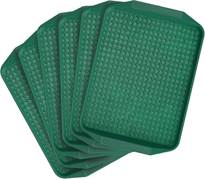 6 Pack Fast Food Serving Trays with Side Handles, 17" x 12" Commercial Cafeteria Plastic Trays, Stackable for Restaurants, Cafés & High-Traffic Dining Environments, Green