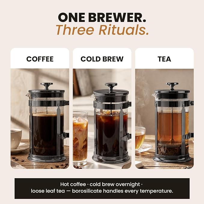 EzDtach French Press Coffee Maker 34oz Grey – Borosilicate Glass Pot | 304 Grade Stainless Steel French Press, Double Filter and 2 Extra Screens for Rich, Full-Bodied Flavor at Home or Office