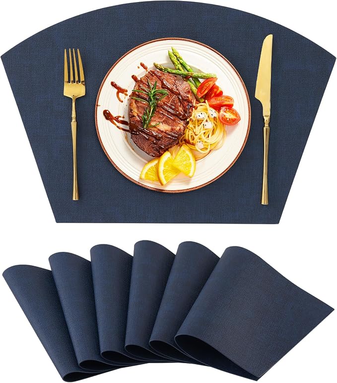 Homaxy Wedge Faux Leather Placemats for Round Table, Set of 6, Navy Blue | Waterproof Wipeable Washable Table Mats, Easy to Clean Anti-Slip Place Mats, 11.8" x 17"