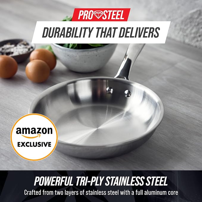 Blue Diamond Pro Steel 8" Tri-Ply Stainless Steel Frying Pan Skillet | Multi Clad Skillet, Induction & All Stovetop Suitable, Mirror Polished Finish, Dishwasher Safe, Oven Safe to 850F, Silver