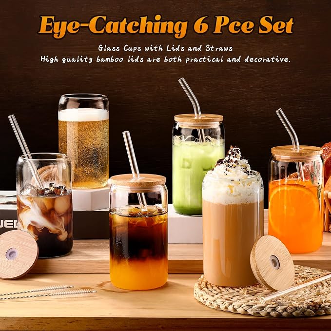 Glass Cups with Lids and Straws 6 pcs, 16 oz-DWTS Cute Tumbler,Beer Drinking Glasses,Clear for Iced Coffee, Tea with Bamboo Lids for Gifts