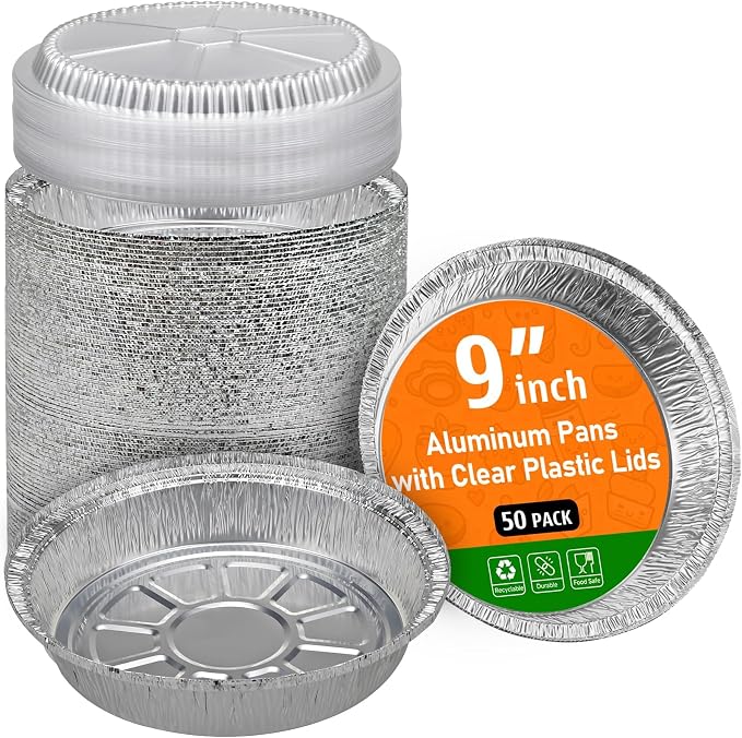 50 Pack 9" Round Aluminum Pans with Clear Lids, Pie Tins Disposable Foil Pans with Lids, Take Out Containers, Freezer Oven Safe Aluminum Baking Pans for Storing, Baking, Meal Prep & Reheating