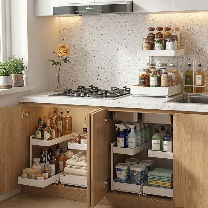 TATAANTY Under Sink Organizer, L-Shaped Metal 2-Tier Double Pull-Out Drawer for Kitchen & Bathroom Cabinets, Adjustable Height Storage - 50lbs Heavy Duty Waterproof 2PCS Height Adjustable