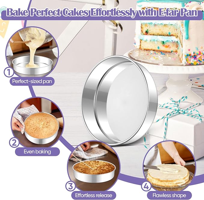 E-far 9 Inch Round Cake Pan, 2-Piece Stainless Steel Round Baking Mold Tins | Non-Toxic & Leak-Proof for Birthday Wedding Layer Tiered Cake, Easy Clean & Dishwasher Safe