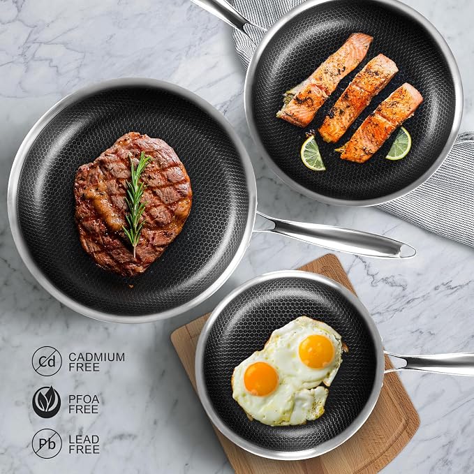 Innerwell Non Stick Frying Pans, Stainless Steel Pan Set with Lid | Honeycomb nonstick coating, PFOA-free. Cool-touch handles. Compatible with All Stoves. Oven Safe&Dishwasher safe.