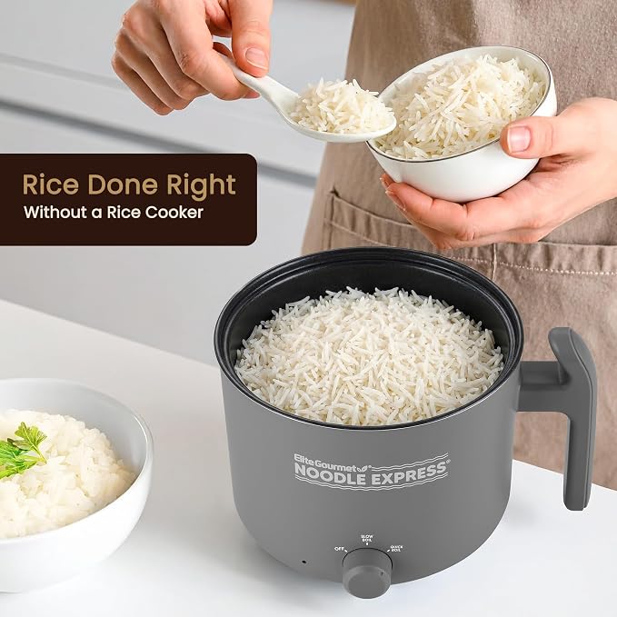 Elite Gourmet Noodle Express Electric Hot Pot, Ceralast Non-Stick, Grey | Cool-touch handle - PFAS-free ceramic coating - prepares noodles, soups & stews - glass lid - 2 heat settings, High/Low