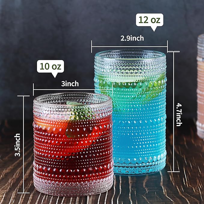 Clear Hobnail Driinking Glasses Set, Glassware Drinking Set of 8, 12 oz Highball Glasses & 10 oz Cocktail Glasses, Tumbler Glasses for Cocktails, Whiskey, Juice, Milk