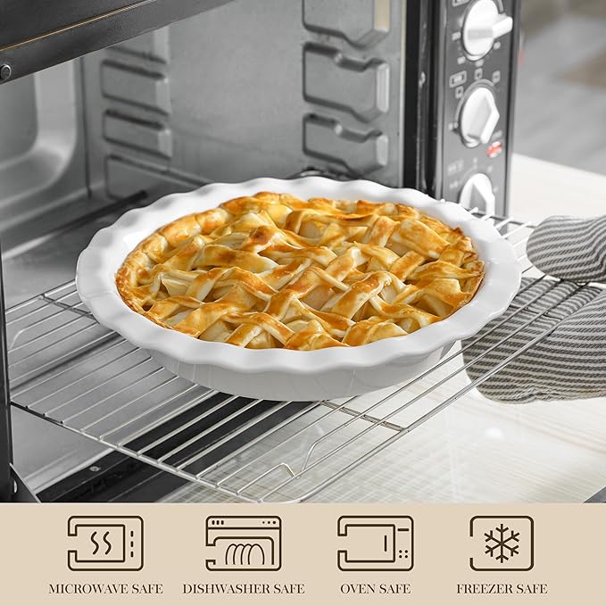 MALACASA 40 Oz Ceramic Pie Pan Set of 2, 9 Inch Fluted Pie Dish | Baking, Versatile for Quiche, Pie, Tart, Casserole, Oven, Microwave, Dishwasher Safe, Non-Stick Glaze, Even Heat Distribution