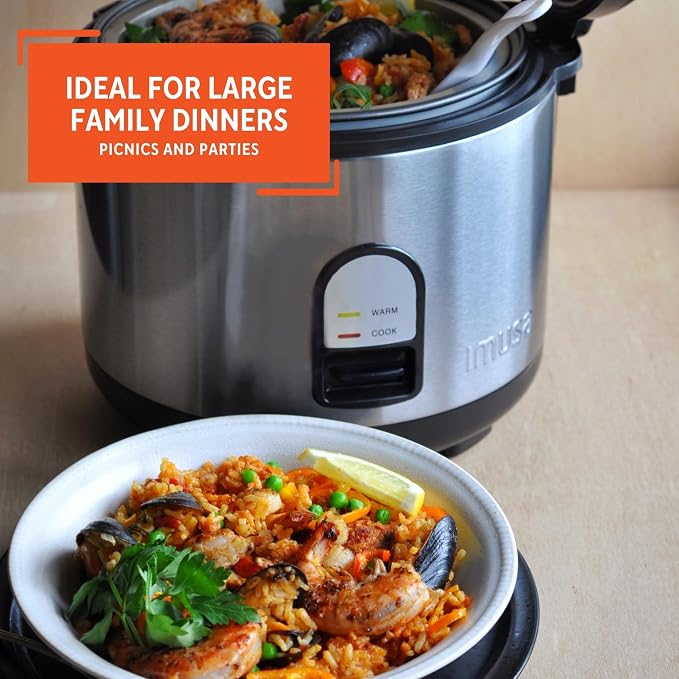 IMUSA 10 Cup Deluxe Stainless Steel Electric Rice Cooker with Steam Tray | Mirror-Polished Finish, Steam Tray Nonstick Pot, Ideal for Rice and Grains, Great for Large Family Dinners