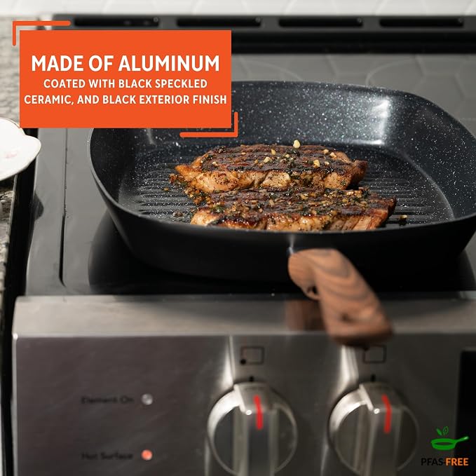 IMUSA 11 Inch Madera Aluminum Black Ceramic Square Grill for Vegetables | Ceramic Nonstick, Glass Lid with Helper Handle, Deep Sauté Pan, Ideal for Family Cooking