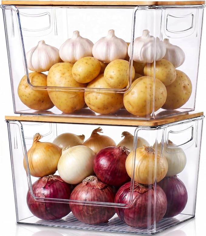 Pantry Organizers Storage, 2 Pack Large Clear Storage Bins for Onion, Potato, Garlic, Canned Food, Organizer Bins for Under Sink, Kitchen, Countertop, Bathroom
