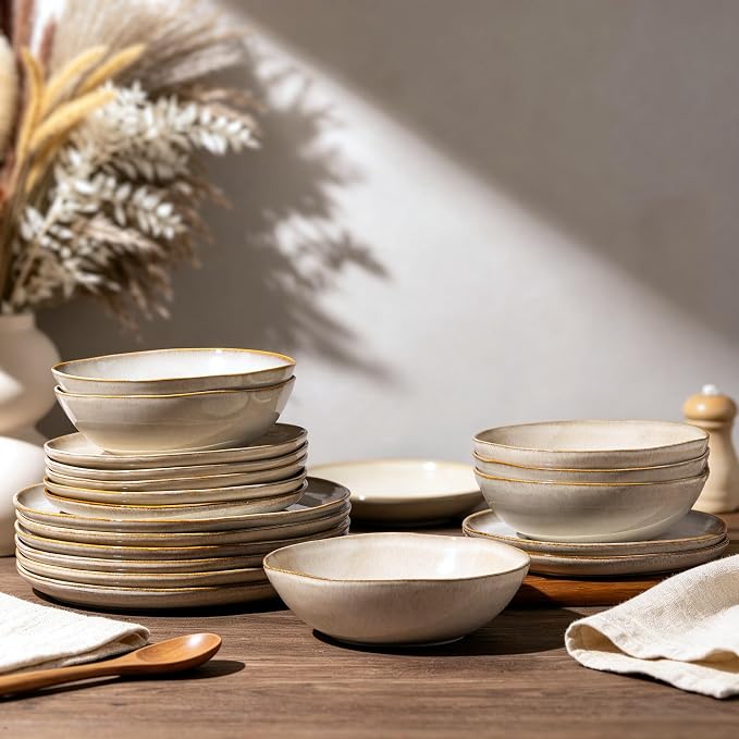 AmorArc Ceramic Dinnerware Sets for 8, 24Pcs Plates and Bowls Sets Dishes | Stoneware Handmade Reactive Glaze Dinner Set, Highly Scratch Resistant | Dishwasher & Microwave Safe Dishware