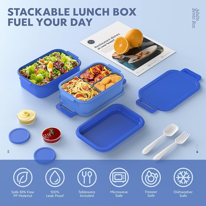 Adult Bento Lunch Box - 3 Layers Stackable Bento Lunch Box for Adults, 72oz Large All-in-One Bento Box Leak-Proof Lunch boxes with Utensil Sauce Containers, Ideal for Dining Out,Work, Blue