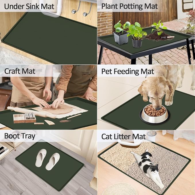Silicone Coffee Maker Mat with Lip for Countertops, 19.7''x15'' Dark Green | Multi leak-proof coffee tray for countertop, non-slip silicone tray for under coffee machine espresso accessory, wipe-clean