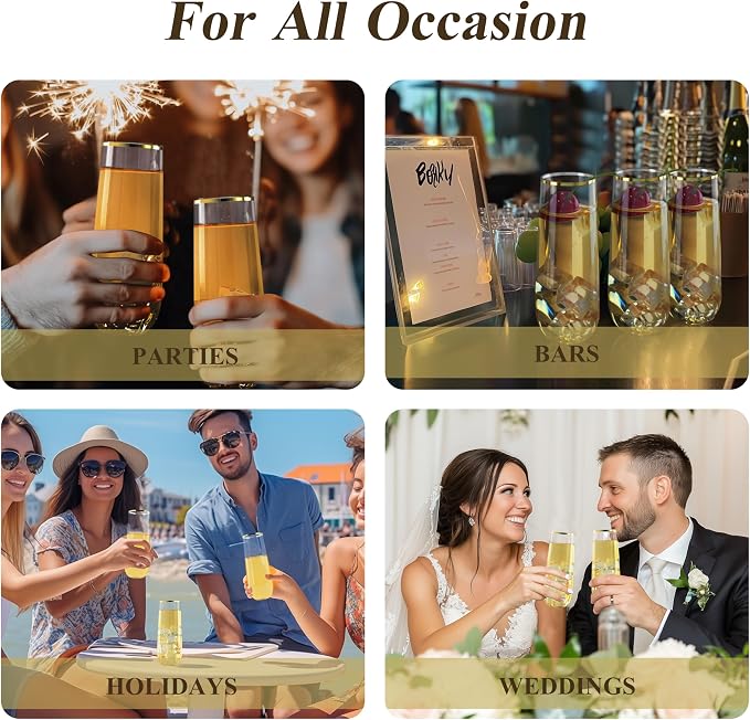 Bestluck 24 Pack 9 oz Stemless Plastic Champagne Flutes Gold Rim | Clear Disposable Champagne Glasses, Shatterproof and BPA-Free Drinkware for Party & Graduation & Wedding