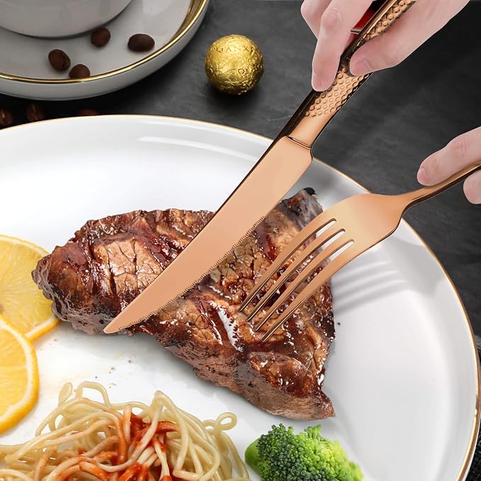 Hammered Rose gold 30 Pieces Set Silverware Set for 6 with Serrated Forging Knives,18/10 Stainless Steel Modern Flatware Set,Unique Cutlery Set,Mirror Polished,Dishwasher Safe
