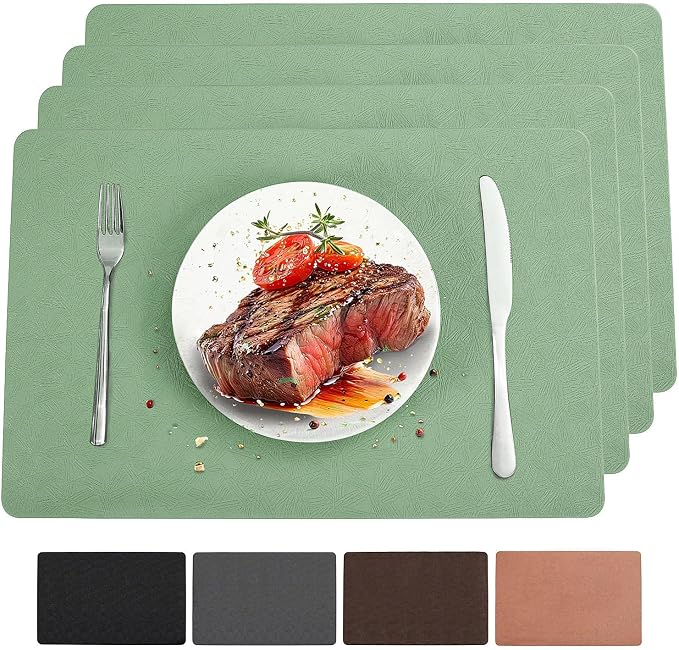 Green Vinyl Placemats Set of 4 Waterproof Wipeable Table Mats | Heat Resistant Easy Clean Place Mats Faux Leather Table Mats Washable PVC Table Placemats for Dining Table