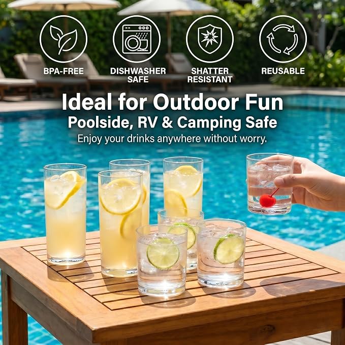 Meolibour® Acrylic Drinking Glasses Set of 8, 14oz Rocks & 20oz Water Cups, Unbreakable Plastic Drinkware, Clear Kitchen Tumblers for Home Outdoors, Reusable, BPA-Free, Top-Rack Dishwasher Safe