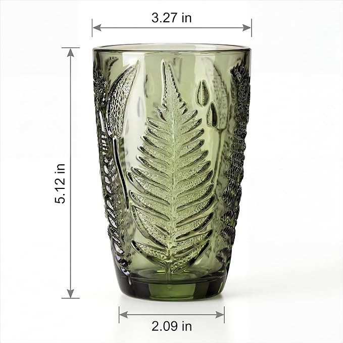 Green Drinking Glasses Set of 8, 12 oz Glass Cups, Vintage Fern Glassware | Hand-Pressed, Dishwasher Safe, Boho Leaf-Textured Drinkware, Embossed Highball Tumblers for Water, Retro Kitchen Gift