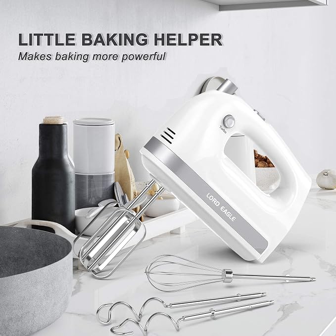 Lord Eagle Hand Mixer Electric Handheld 400W 5-Speed Lightweight | Kitchen Mixer with Storage Case, 5 Stainless Steel Attachments for Baking Cake Egg Cream Food Beater, Turbo+Eject Button