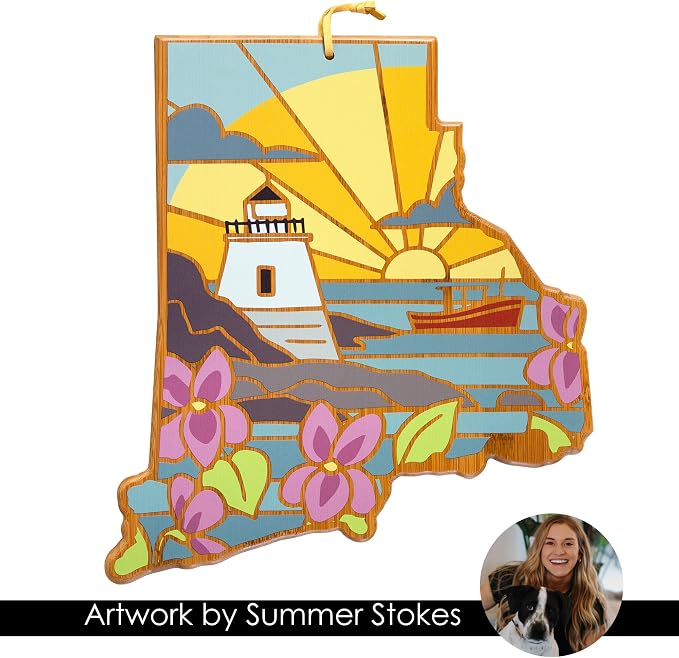 Totally Bamboo Rhode Island State Shaped Cutting Board, Summer Stokes Art | State charcuterie board with colorful hand-drawn landscape art. Smooth reverse side for food prep. Hang tie for wall display.
