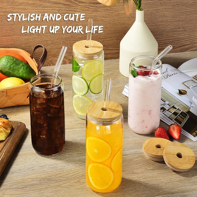 20 Oz Drinking Glasses - 6 Pcs Glass Cups with Bamboo Lids and Straws | Food-grade durable clear tumbler, Coffee bar accessories, Aesthetic gift, For beer, Iced tea, Include 2 cleaning brushes
