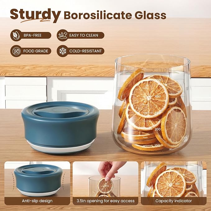 Airtight Glass Storage Jar 16 oz, Easy Open 1/4-Turn Lid Coffee Container | Easy-Open Quarter-Turn Lid, Airtight, Food Grade, Transparency, with Scale