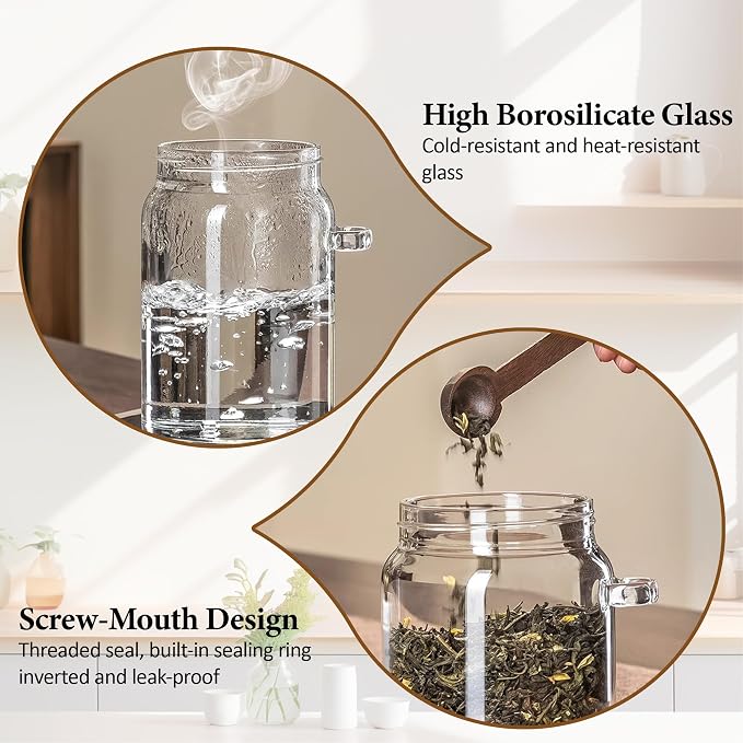 28 oz/850 ml Glass Storage Canister with Airtight Wooden Lid, Clear Small Decorative Container Jar with Spoon for Salad Overnight Oats Snacks Yogurt Cereal Fruit Spice Sugar Coffee - 4 Pack