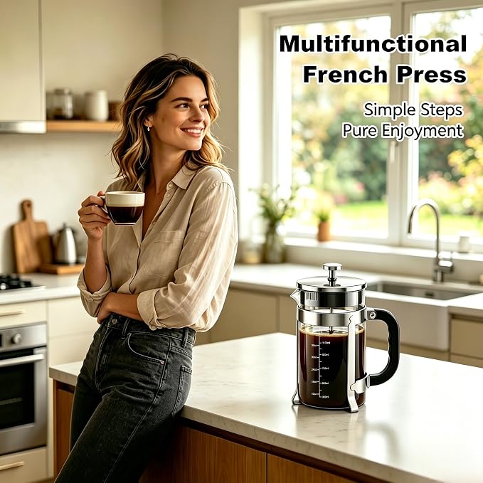 QUQIYSO French Press 51oz,Large French Press Thickened Glass Coffee Press | French Press Stainless Steel,Large Capacity Coffee Maker,Easy to Clean,4 Filter,Suitable for Party Home Office(Silver)