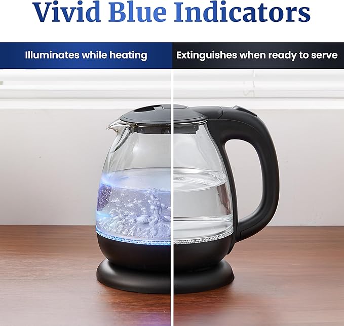 Elite Gourmet EKT1001 1.0L Glass Kettle, 1100W, Cordless Base, Black | BPA-Free Glass, Blue LED Interior, 360° Base, Auto Shut-Off Function, Quickly Boil Water for Tea & More