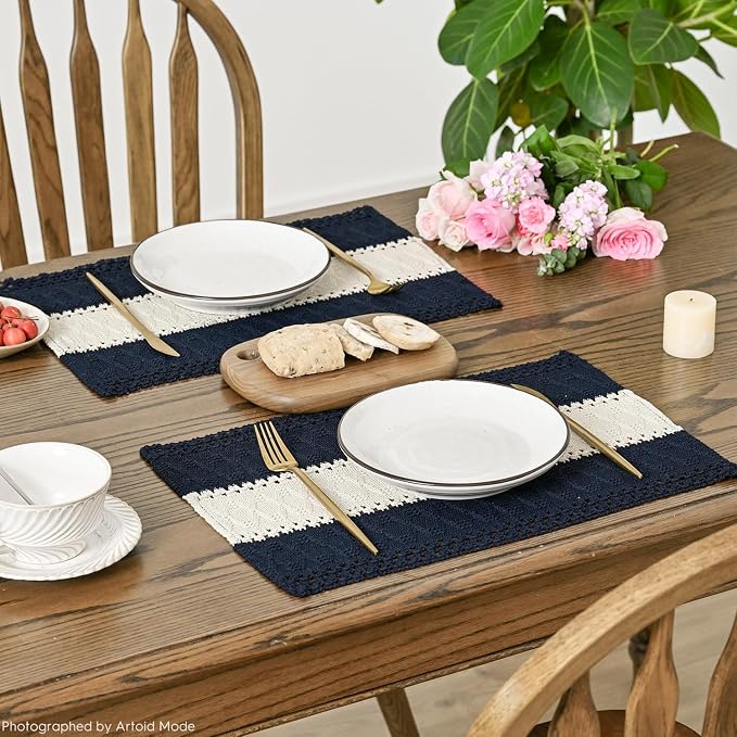 Artoid Mode Dark Blue Farmhouse Rustic Placemats Set of 6,12x18 Inch Seasonal Hollow Table Mats Party Kitchen Dining Decoration