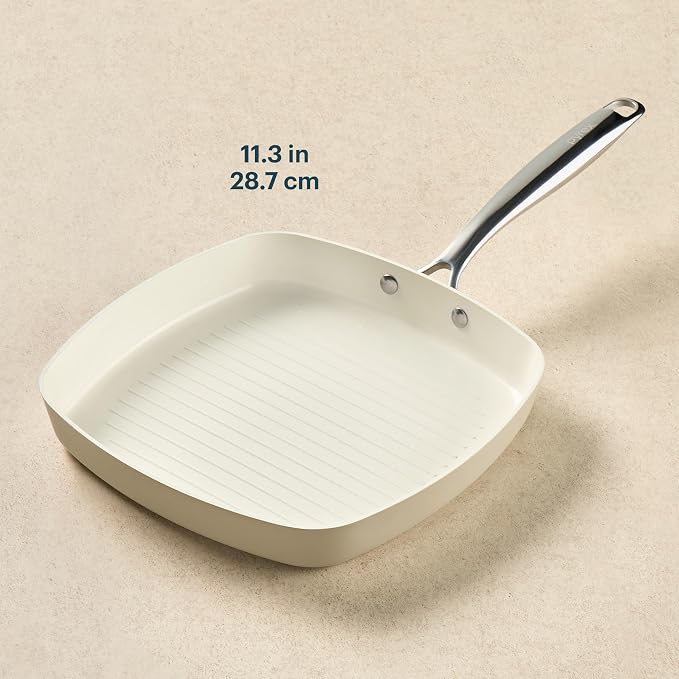 Pyrex 11-Inch Grill Pan Ceramic Cookware with Stainless Steel Handles | Healthy nonstick ceramic coating, induction compatible stainless steel, PFAS Lead Cadmium BPA Free