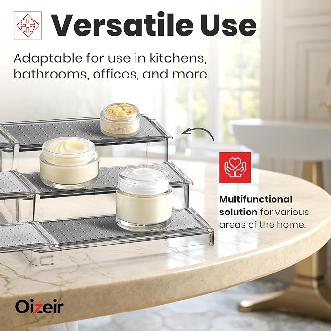 Oizeir 3-Tier Expandable Spice Rack Organizer for Cabinet, Clear | Expandable Plastic Spice Rack Organizer, Adjustable Length 3 Tiers, Non-Skid Shelf, Cabinet Pantry Countertop, Clear