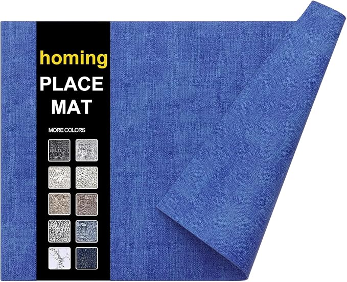 Faux Leather Heat Resistant Placemats 6 Packs, Waterproof Wipeable Dining PU Place Mats for Indoor & Outdoor, Easy to Clean, Sea Blue
