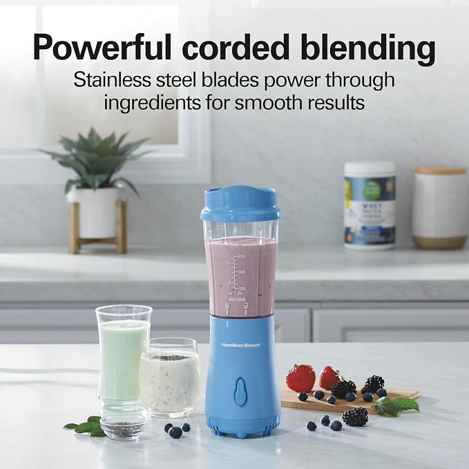 Hamilton Beach Portable Blender for Smoothies With 14 oz. Travel Jar | BPA Free Jar & Lid | Durable Stainless Steel Blades | 300 Watts Peak Power | Personal Smoothie Blender | Blue | 51172G