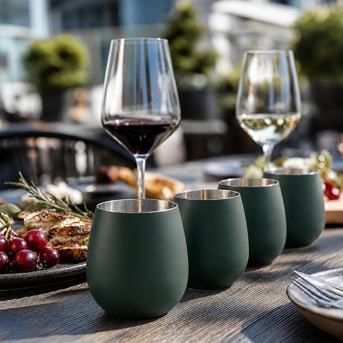 K&K Home Stainless Steel Unbreakable Stemless Wine Glasses - 15 oz - Set of 4 Colored, Stemless Metal Wine Glasses Perfect for Outdoors, Weddings, and Parties (Green)
