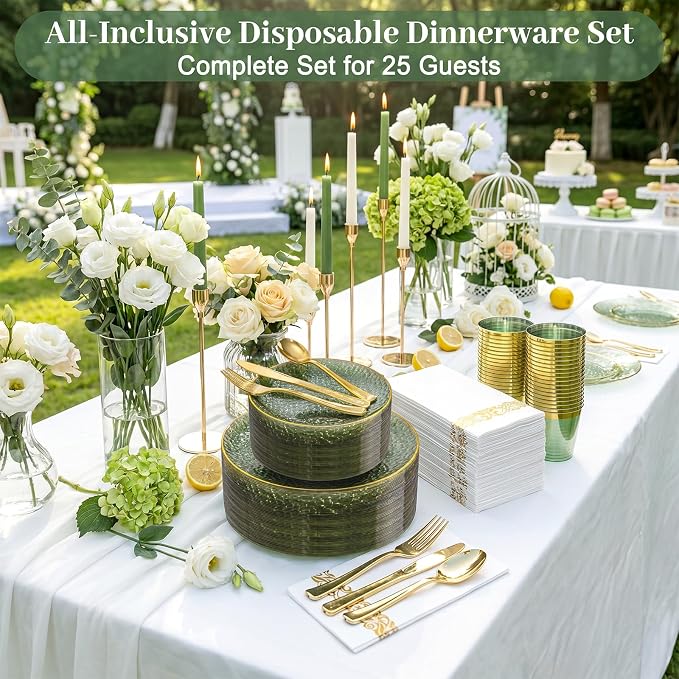 DaYammi 350PCS Sage Green Plastic Dinnerware Set, Plastic Plates Disposable Hammered Disposable Plates for Party, Include: 50 Dinner Plates 50 Dessert Plates 150 Gold Silverware 50 Napkins 50 Cups