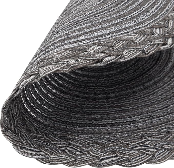 SHACOS Round Placemats Set of 4 Boho Braided Border 15 inch Circle Place Mats Washable Fabric Table Mats for Kitchen Dining Table, Gray