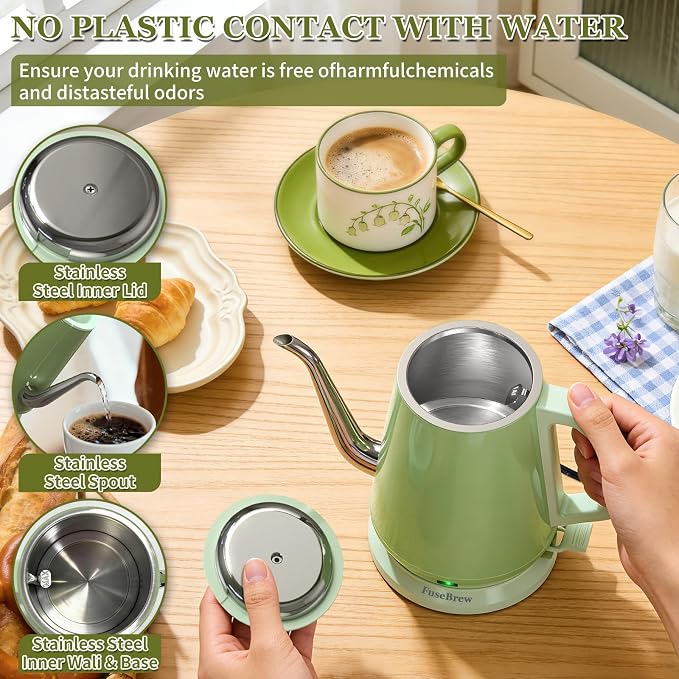 Gooseneck Electric Kettle 0.8L, 1200W Fast Boiling Stainless Steel – Auto Shut-Off, Precision Pour Over Kettle for Coffee & Tea, Ideal for Small Kitchen, RV, Travel (Green)
