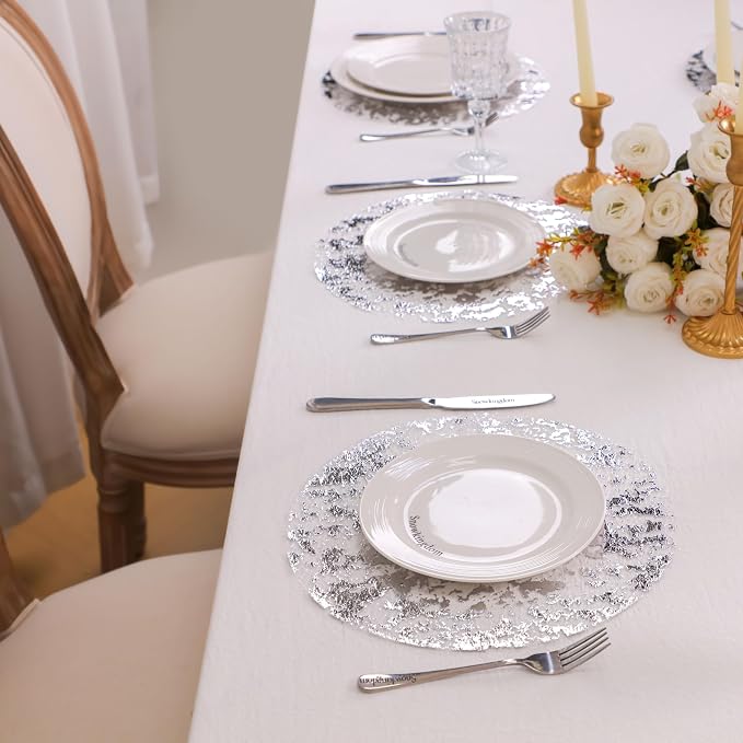 Snowkingdom Silver Disposable Placemats Set of 100 Foil Mesh 13 Inch Round Table Mates Bulk 100 Pack Silver Doilies for Dining Table Wedding Birthday Party Holiday Home Decoration