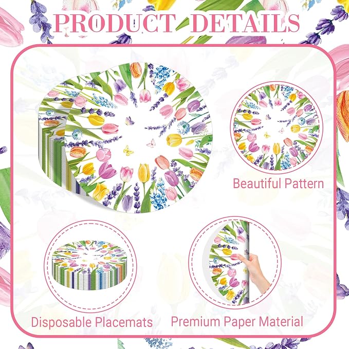 50PCS Summer Paper Placemats Floral Disposable Paper Placemats | Tulip & Lavender Round Table Mats for Birthday Wedding Baby Shower Party Decoration
