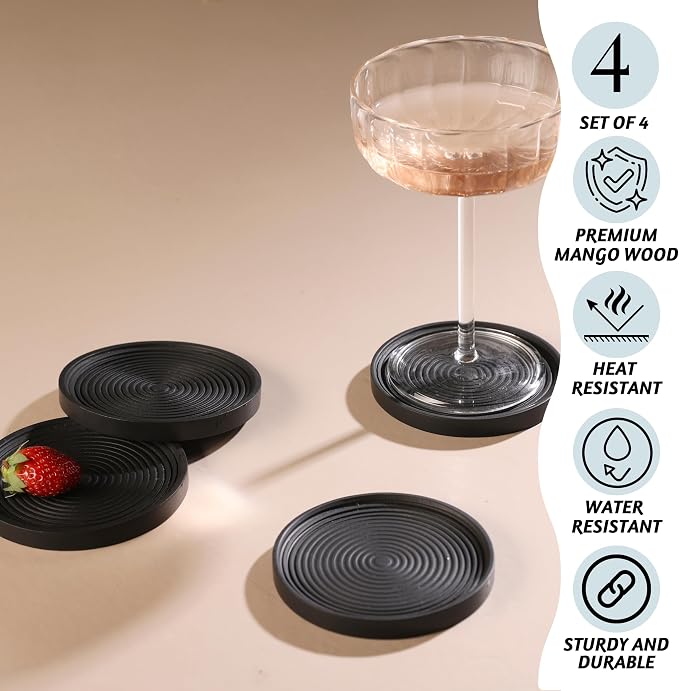Folkulture Wooden Cute Wood Coasters with Holder, Black, Set of 4, Drinks | Coaster for Drink, 4" Round Boho Coasters, Coaster Set for Boho Decor, Farmhouse Decor