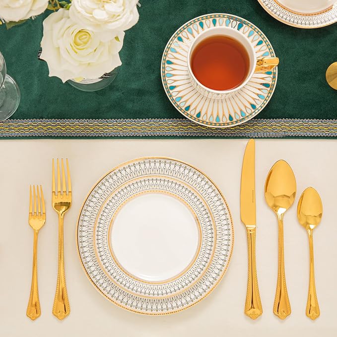 40 Pcs Gold Silverware Set, 18/10 Stainless Steel Flatware for 8 | Vintage Cutlery Set for Kitchen, Home, Wedding, Party, Mirror Polished and Dishwasher Safe, Featured Gifts